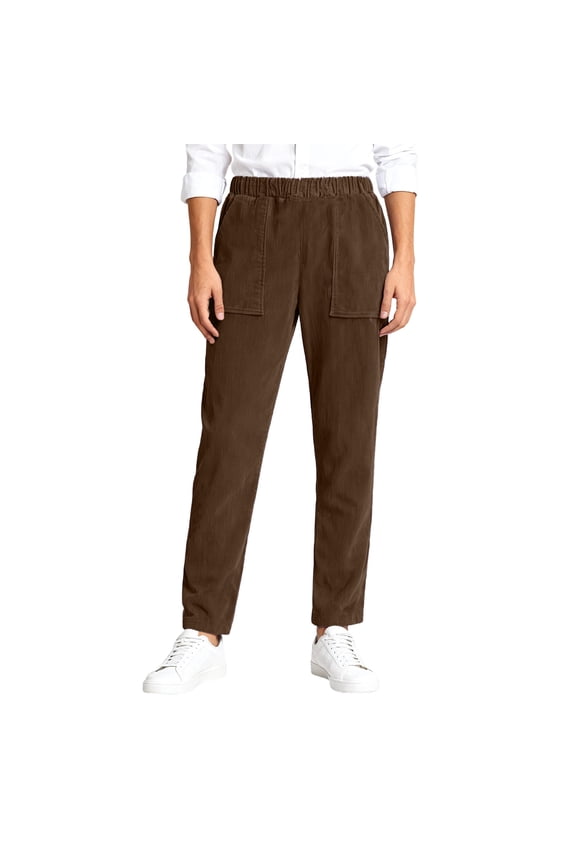 Men Corduroy Cargo Pants Elastic Waist Patch Pocket Full Length Trousers Soft Durable Casual Daily Wear Bottoms