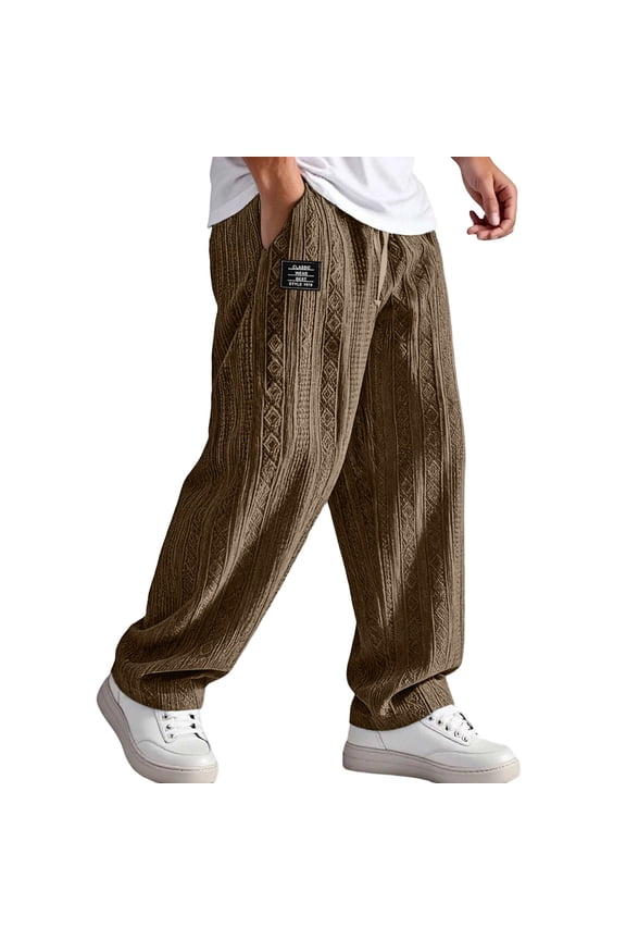 Men Elastic Waist Drawstring Textured Wide Leg Pants with Patch Detail Casual Trousers