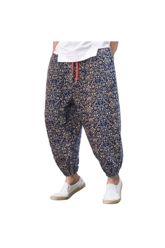 Men Elastic Waist Ethnic Printed Harem Pants Loose Fit Drawstring Casual Tapered Trousers
