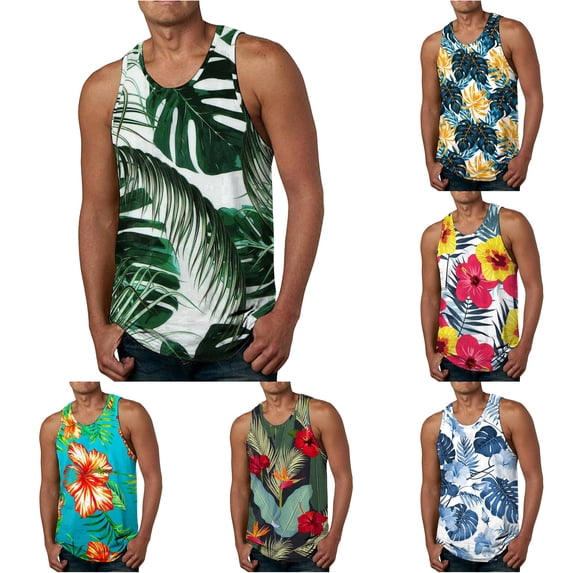XIAONU Men Floral Print Tank Top Crew Neck Sleeveless Beach Shirt