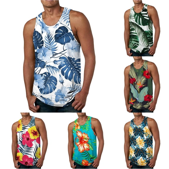 XIAONU Men Floral Print Tank Top Crew Neck Sleeveless Beach Shirt