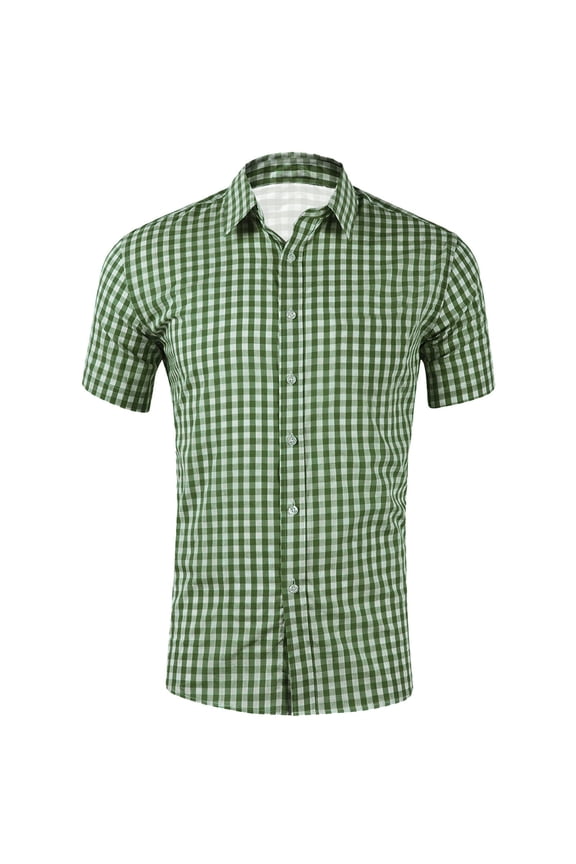 XIAONU Men Gingham Button Down Shirt Short Sleeve Collared Top Daily Casual Wear Shirts