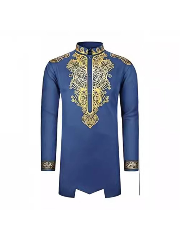 XIAONU Men Luxury Metallic Print African Dashiki Shirt Mandarin Collar Longline Ethnic Tunic Top Traditional Festival Wear Shirts