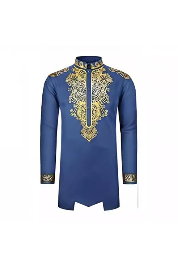 XIAONU Men Luxury Metallic Print African Dashiki Shirt Mandarin Collar Longline Ethnic Tunic Top Traditional Festival Wear Shirts
