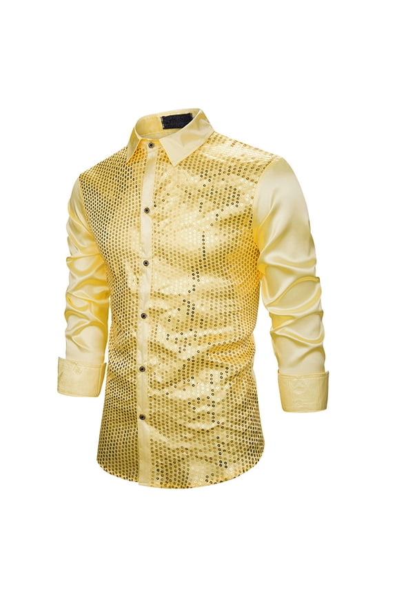 Men Sequin Long Sleeve Button Down Shirt Slim Fit Shiny Nightclub Party Performance Attire