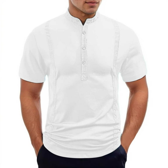 XIAONU Men Short-Sleeve Mandarin Collar Shirt Textured Detail Henley Top Sleek Casual Daily Evening Wear Tee