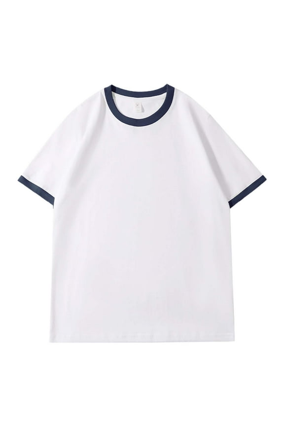Men Short-Sleeve Ringer Crewneck Tee Relaxed-Fit Contrast-Trim Top Casual Daily Weekend Wear Shirt
