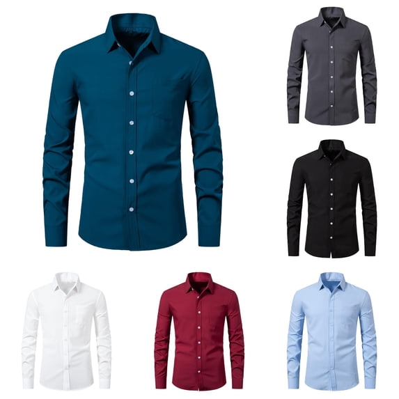 XIAONU Men Solid Button Down Shirt Long Sleeve Pocket formal Dress Top