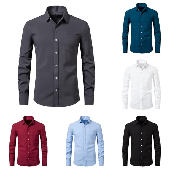 XIAONU Men Solid Button Down Shirt Long Sleeve Pocket formal Dress Top
