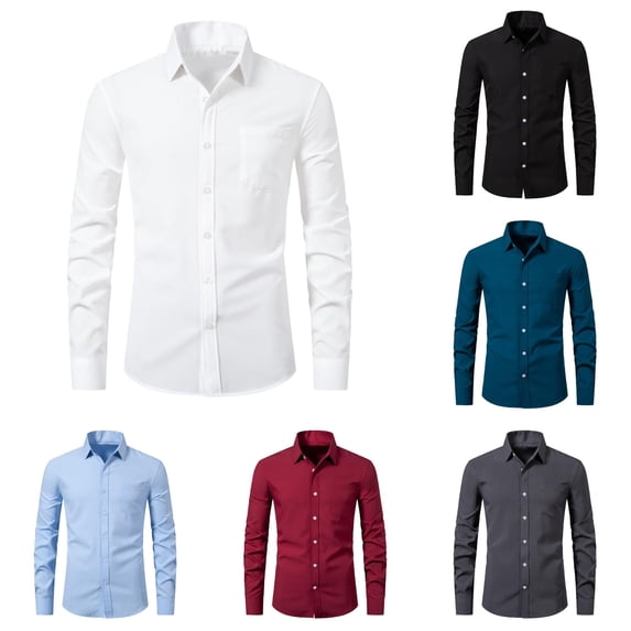 XIAONU Men Solid Button Down Shirt Long Sleeve Pocket formal Dress Top