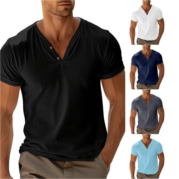 XIAONU Men Solid Henley T Shirt V Neck Button Short Sleeve Daily Top