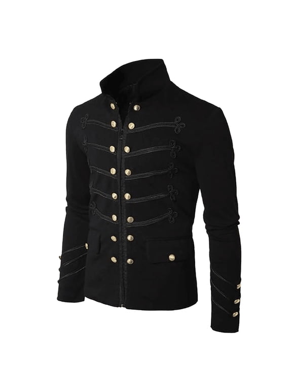 Men Solid Steampunk Military Jacket Stand Collar Double Tailcoat Vintage Themed Event Jackets