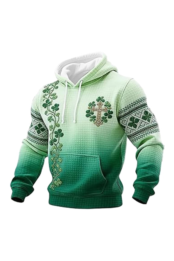 XIAONU Men St Patrick's Day Themed Hoodie Celtic Cross Clover Waffle Knit Pullover Top Comfortable Festival Wear Hoodies Green