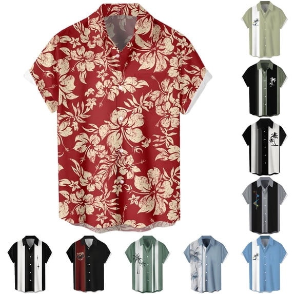 XIAONU Men Tree Stripe Print Shirt Short Sleeve Button Vacation Tops