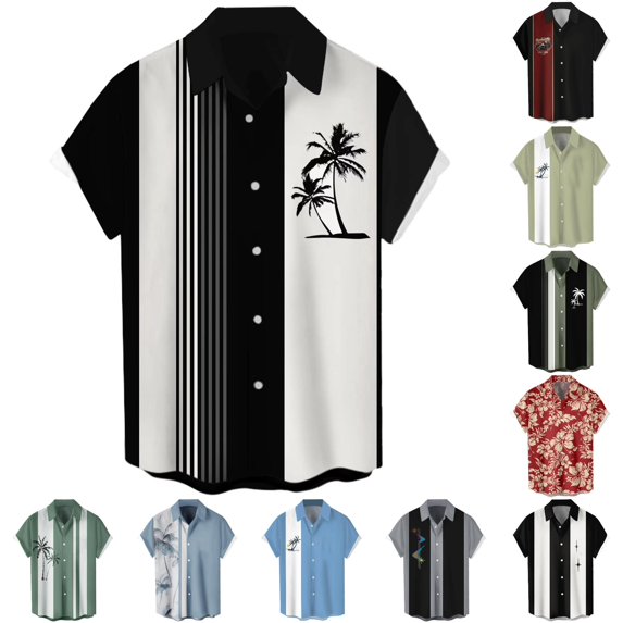 XIAONU Men Tree Stripe Print Shirt Short Sleeve Button Vacation Tops