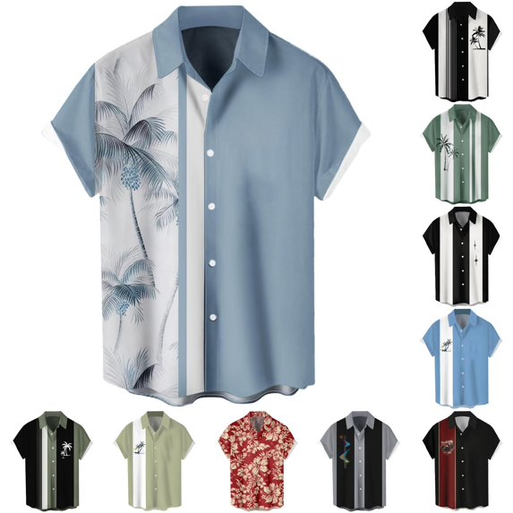 XIAONU Men Tree Stripe Print Shirt Short Sleeve Button Vacation Tops