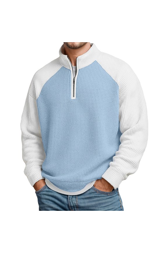 XIAONU Men Waffle Knit Quarter Zip Sweatshirt Raglan Sleeve Contrast Pullover Top Soft Casual Wear Sweatshirts BU2