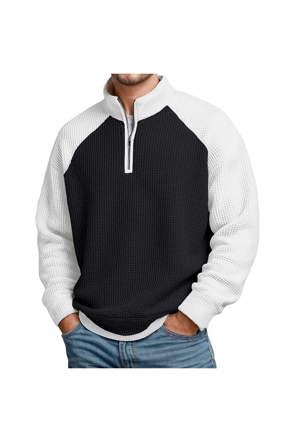 XIAONU Men Waffle Knit Quarter Zip Sweatshirt Raglan Sleeve Contrast Pullover Top Soft Casual Wear Sweatshirts Black