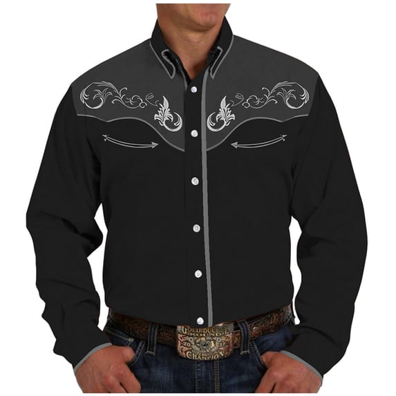 XIAONU Men Western Embroidered Shirt Slim Fit Snap Button Two Tone Top Durable Country Wear Shirts