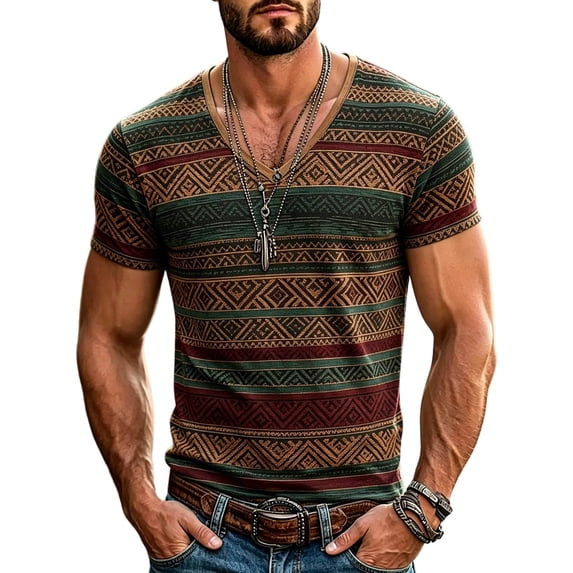 XIAONU Men's Aztec Pattern V-Neck T-Shirt Slim-Fit Bohemian Casual Everyday Short-Sleeve Tee