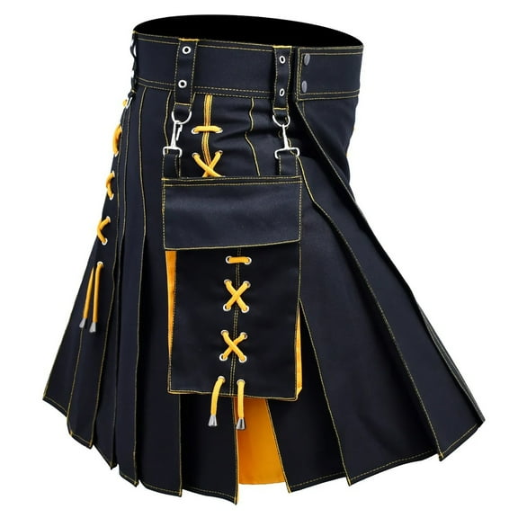 XIAONU Men's Black Blue Tactical Kilt Adjustable Pocketed Utility Kilt Stylish Casual Cultural Wear Pant
