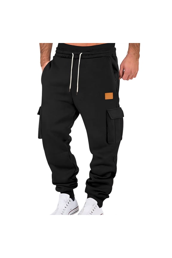 Men's Black Cargo Jogger Pants Elastic Waist Accent-Patch Trousers Cozy Streetwear Cozy Streetwear