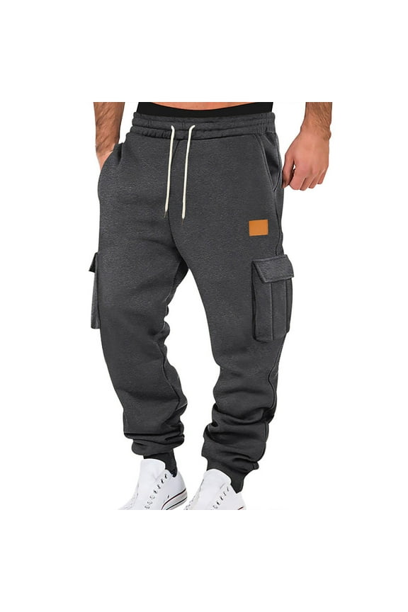 Men's Black Cargo Jogger Pants Elastic Waist Accent-Patch Trousers Cozy Streetwear Cozy Streetwear