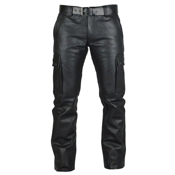 XIAONU Men's Black Leather Cargo Pants Belted Waist Multi-Pocket Trousers Casual Fashion Daily Pant
