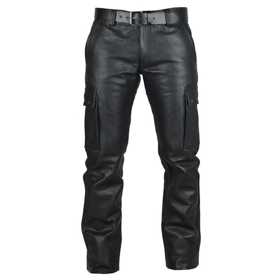 XIAONU Men's Black Leather Cargo Pants Belted Waist Multi-Pocket Trousers Casual Fashion Daily Pant