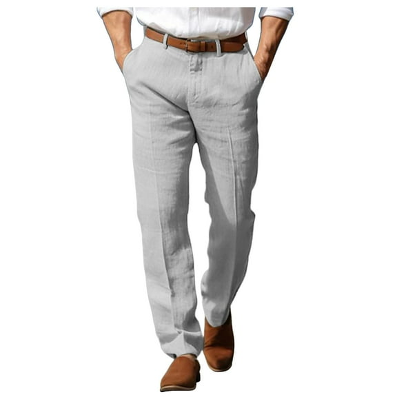 XIAONU Men's Black Linen Dress Pants Belt-Waist Tailored Trousers Breathable Formal Casual Daily Pant