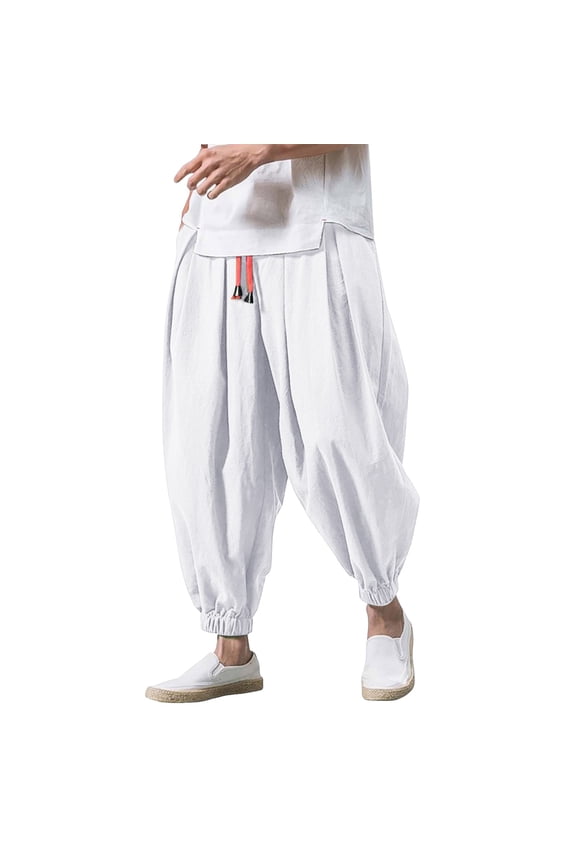 Men's Black Linen Harem Pants Elastic Waist Drawstring Trousers Relaxed Casual Daily Pant