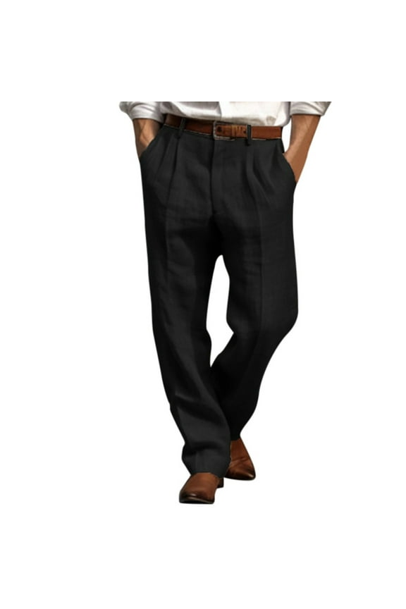 Men's Black Pleated Dress Pants Belted Waist Formal Trousers Classic Business Office Event Pant