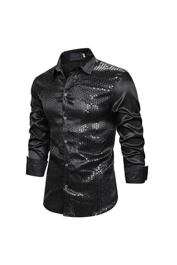 Men's Black Sequin Dress Shirt Long-Sleeve Satin- Button-Up Shirt Party & Nightwear Top