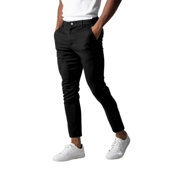 XIAONU Men's Black Slim-Fit Cropped Chino Pants Button-Waist Tailored Trousers Stylish Casual Daily Wear Pant