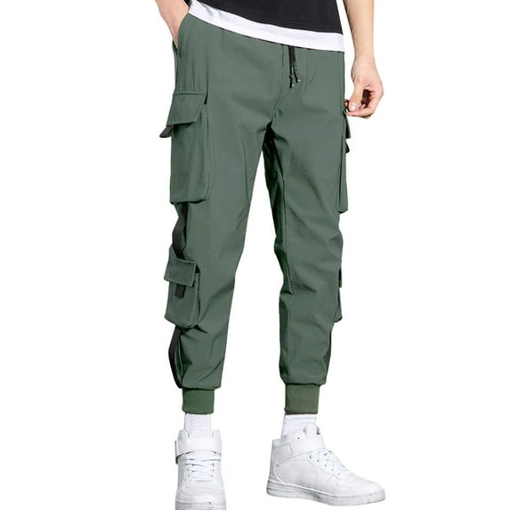 XIAONU Men's Black Tactical Cargo Jogger Pants Elastic Waist Multi-Pocket Trousers Stylish Streetwear Casual Pant