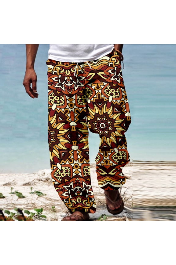 Men's Bohemian Print Harem Pants Elastic-Waist Casual Beach Loose-Fit Trousers