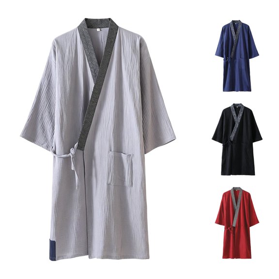 XIAONU Men's Breathable Bath Robe Quick-Dry Patterned-Collar Bath Robes Daily Wear Night Robes