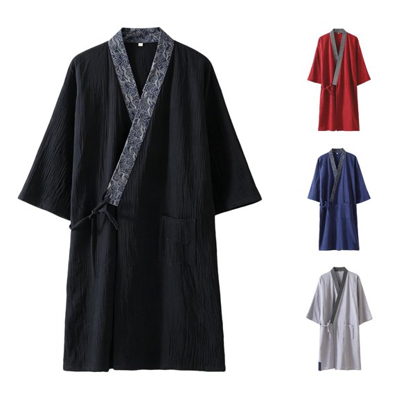 XIAONU Men's Breathable Bath Robe Quick-Dry Patterned-Collar Bath Robes Daily Wear Night Robes