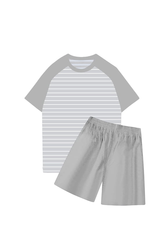 Men's Breathable Short-Sleeve Pajama Set Striped Raglan-Sleeve Night Wear Pajama Sets