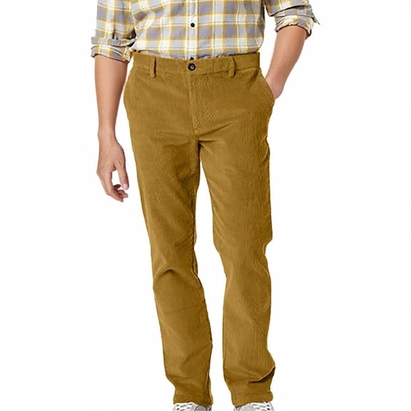 XIAONU Men's Burgundy Corduroy Chino Pants Slim-Fit Casual Trousers Button-Waist Daily Wear Pant