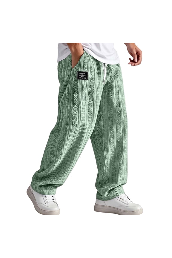 Men's Cable Knit Print Pant Loose Wide Leg High Waisted Drawstring Ankle Jogger Soft Cozy Casual Pants