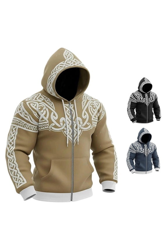 Men's Celtic Knot Pattern Zip Up Hooded Jacket All Over Tribal Print Kangaroo Pocket Coat