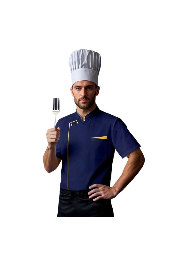 Men's Chef Jackets Contrast Piping Short Sleeve Top Durable Professional Kitchen Wear Shirt
