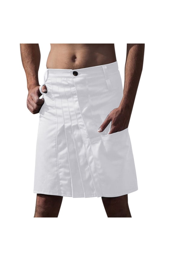 Men's Classic Kilt Skirt Mid-Waist Button Pleated Skirts Retro Daily Wear Short Skirt With Pockets