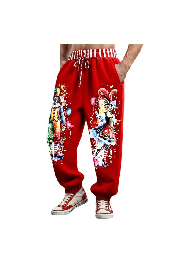Men's Clown Carnival Print Red Sweatpants Elastic Waist Drawstring Lounge Pants Elastic Waist Drawstring Lounge Pants