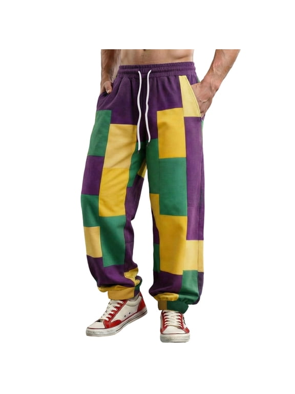 Men's Color Block Joggers Relaxed Fit Full Length Drawstring Waist Bottoms Soft Festive Party Bottoms