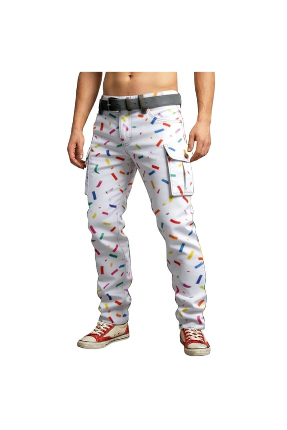 Men's Confetti Print Pants Slim Fit Full Length Belted Trousers Soft Trendy Festival Bottoms