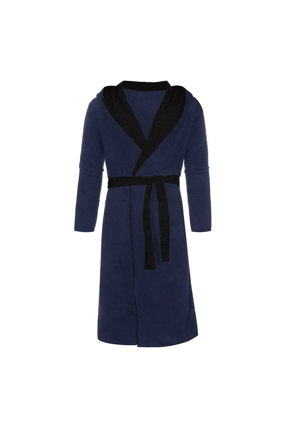 Men's Contrast Trim Hooded Bathrobe Loose Fit Self Tie Waist Robe Cozy Casual Loungewear Gown