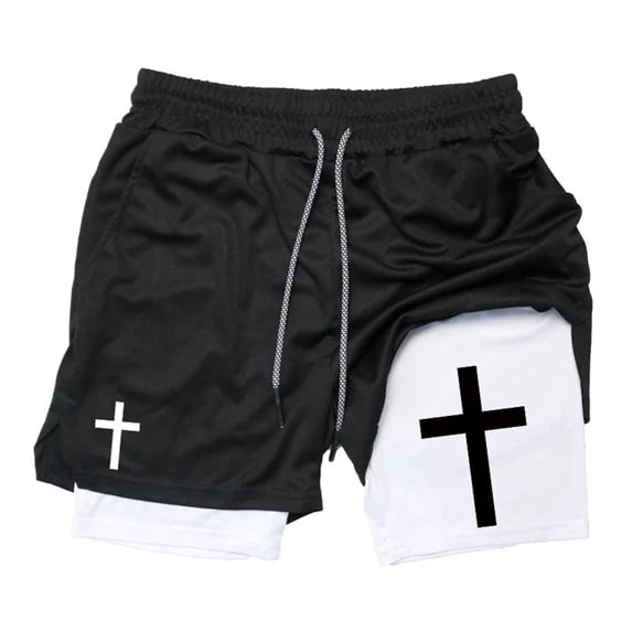 XIAONU Men's Cross Print Double Layer Shorts Quick Dry Athletic Training Performance Shorts