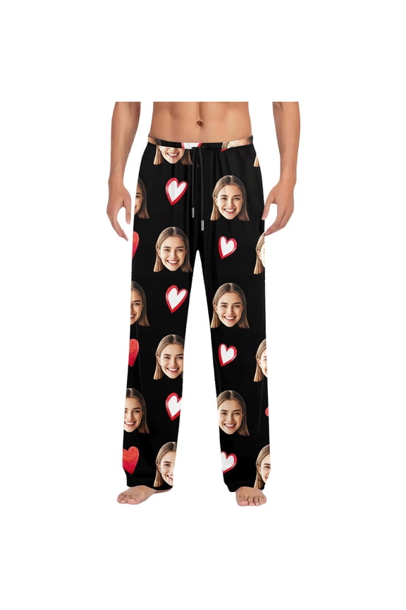 Men's Custom Photo Heart Pajama Pants Elastic Waist Lounge Trousers Personalized Cozy Sleep Loungewear Pant